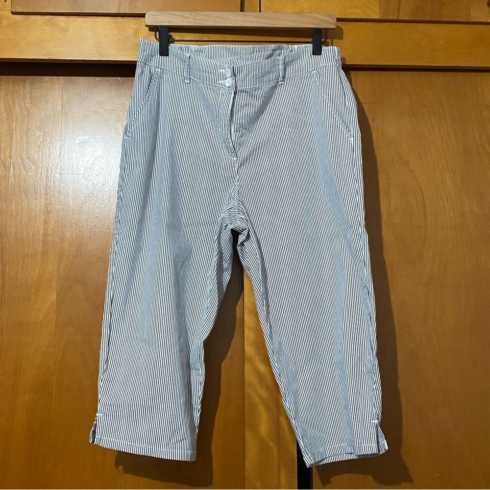 Karen Scott white Blue Striped Cropped Pants 12 Petite